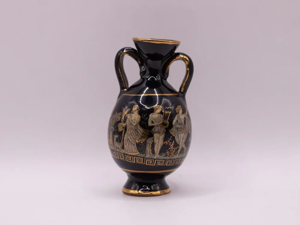 Amphore grecque miniature dorée à l'or 24K, scène mythologique