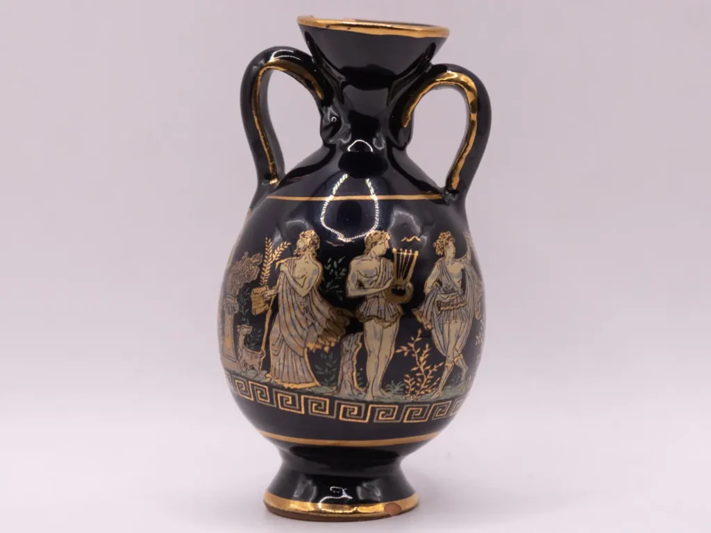 Amphore grecque miniature dorée à l'or 24K, scène mythologique