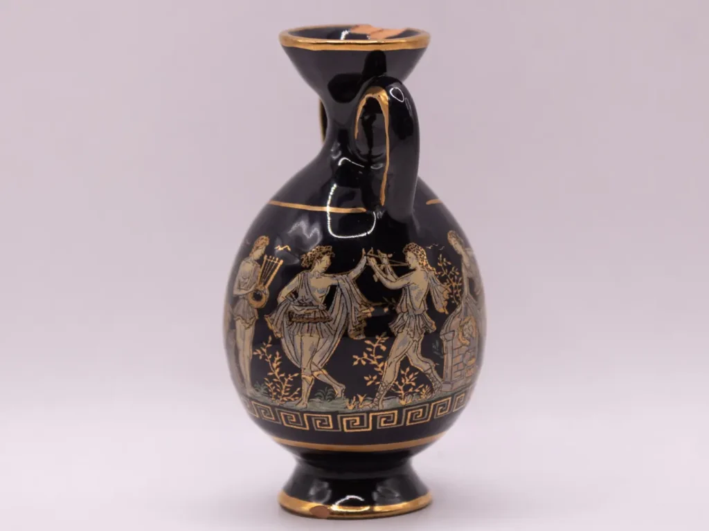 Amphore grecque miniature dorée à l'or 24K, scène mythologique