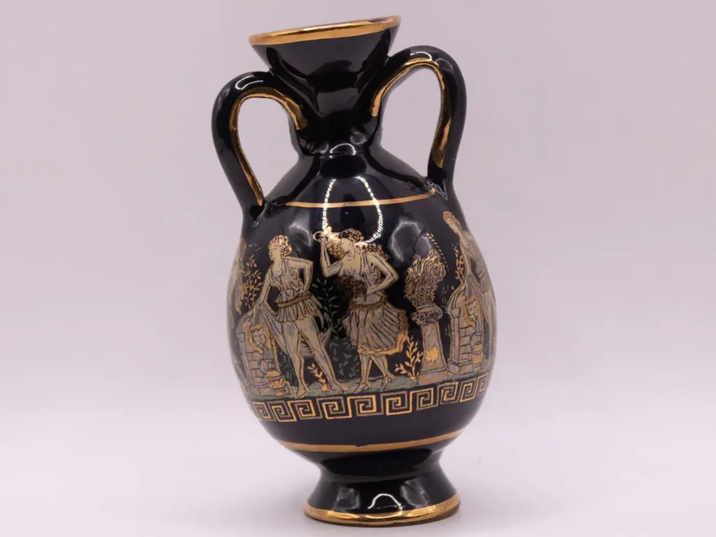 Amphore grecque miniature dorée à l'or 24K, scène mythologique