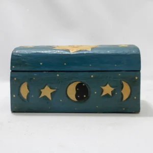 Boîte coffre bleue en bois avec motifs astraux Yin et Yang