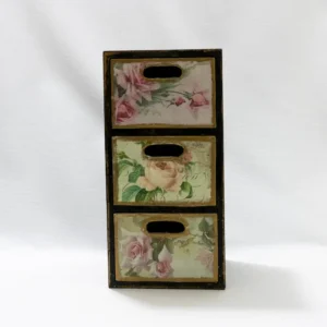 Boîte de rangement vintage en bois avec trois tiroirs floraux