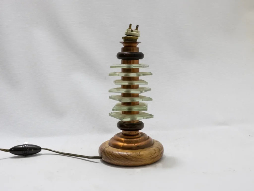 Lampe à poser industrielle vintage en cuivre, bois et verre