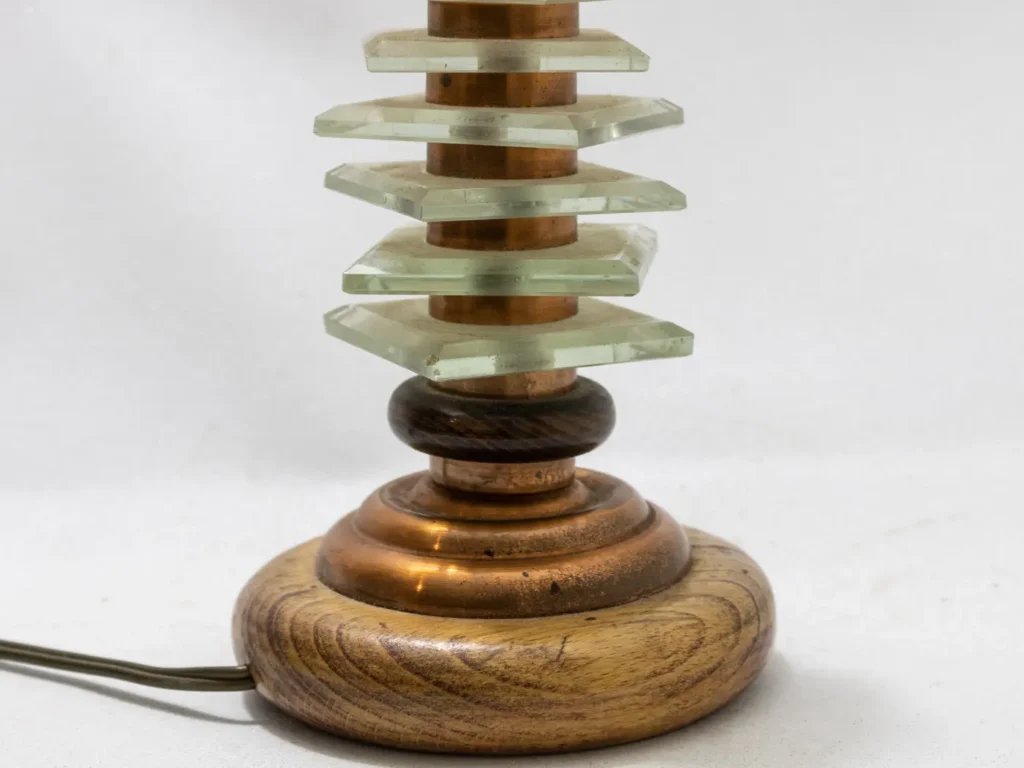Lampe à poser industrielle vintage en cuivre, bois et verre