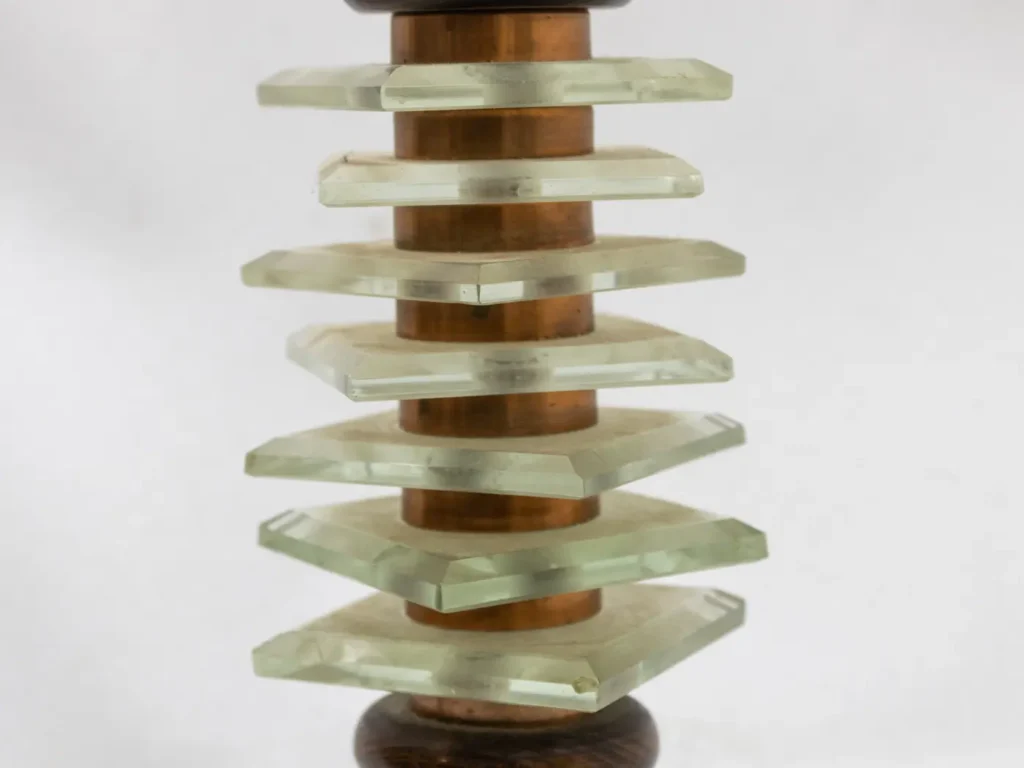 Lampe à poser industrielle vintage en cuivre, bois et verre