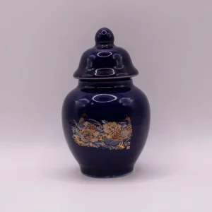 Pot à couvercle bleu décoratif avec motifs paon et fleurs