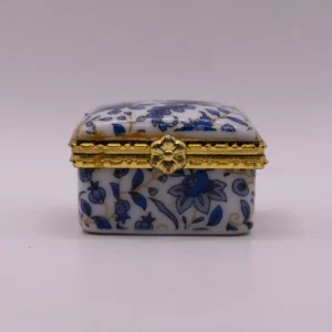 Élégante Boîte Pilulier Carrée Céramique Motif Floral Bleu Doré